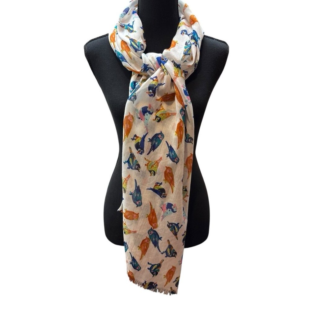Bird Print Multicolor Polyester Scarf Lightweight Frill Gauzy  70”x 19” No Tags
